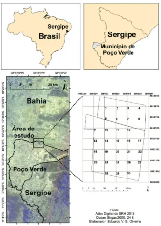 Figura 1. Localização da área de estudo e distribuição dos vértices  georreferenciados das parcelas permanentes instaladas (adaptado  de Ferreira 2011) no fragmento de Caatinga, município de Poço  Verde, centro-sul de Sergipe, Brasil.