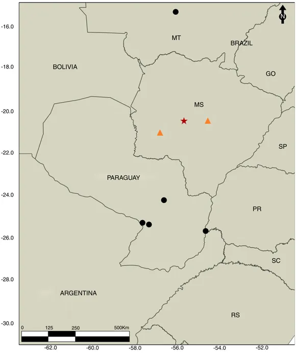 Fig. 9. Geographical distribution map of Urucumania borellii (Giglio-Tos, 1897). Black circles ( 䊉 ) are previous records, orange triangles (  ) are new records, and red star (⋆) is the type locality of Paxiximyia sulmatogrossensis Toma &amp; Olivier n