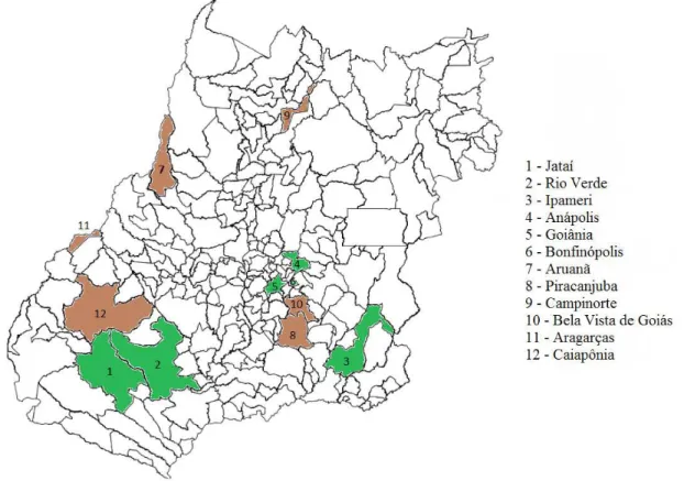 Figure 1. Spatial distribution of the municipalities in which the 12 rural properties were analyzed during the experiment, divided by aptitude  (green counties cities indicate milk producing farms [Holstein cattle] and brown counties represent beef cattle 