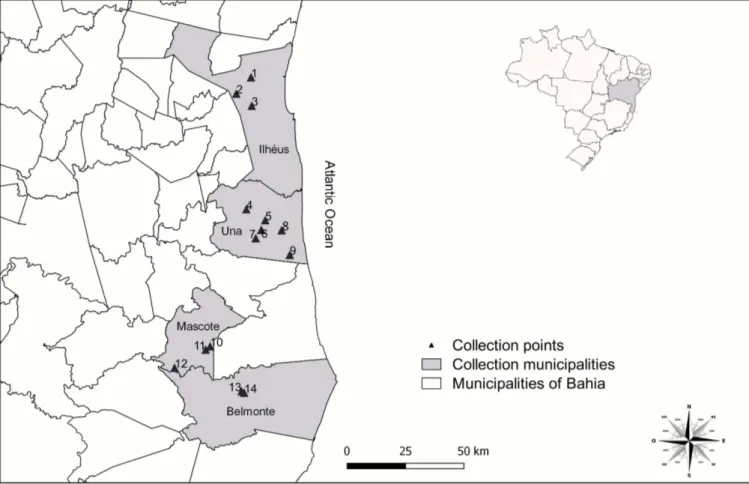 Figure 1. Map with data and areas of capture and collection of fecal samples of marsupials in southern Bahia, Brazil