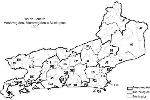 Figura 1 - Estado do Rio de Janeiro e sua divisão em municípios, meso e microrregiões