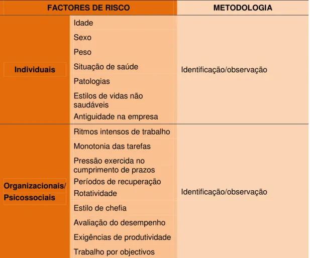Figura 12. Factores de risco a identificar e respectiva metodologia a aplicar 