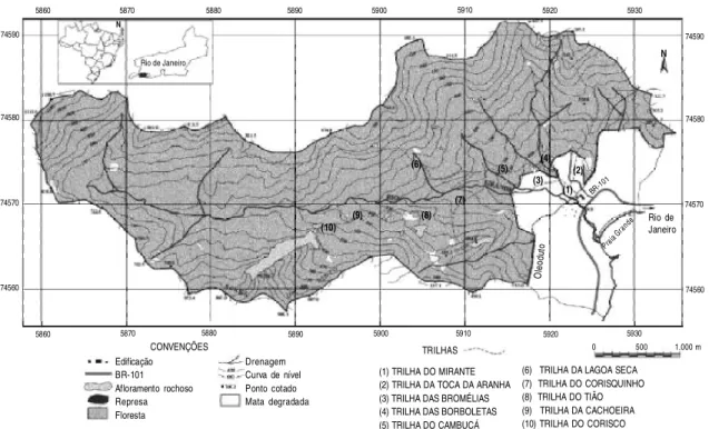 Figura 1 - Mapa da Reserva Rio das Pedras, Mangaratiba, Rio de Janeiro. Modificado de Agrofoto Aerofotogrametria S/A (1999)
