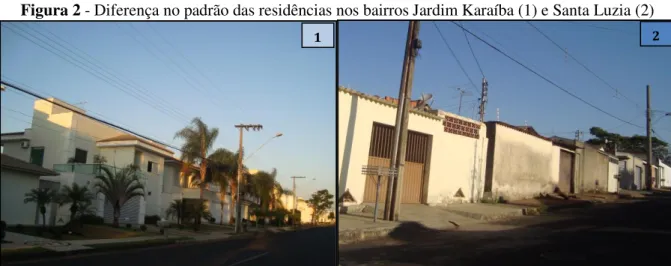 Figura 2 - Diferença no padrão das residências nos bairros Jardim Karaíba (1) e Santa Luzia (2) 