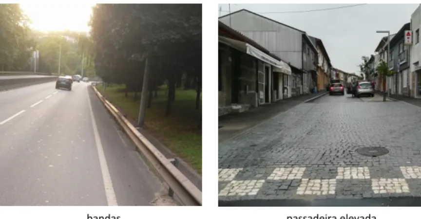 Figura 3: Exemplos de medidas de acalmia de tráfego  Fonte: Fotos de autoria própria (cidade de Guimarães) 
