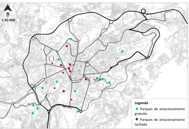 Figura 12: Mapa de localização dos parques de estacionamento  Fonte: Elaboração própria (autoCAD) 