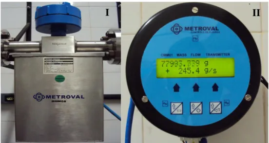 Figura 3.3 – Medidor de vazão tipo Coriolis instalado na unidade de hidrociclonagem –  (I) sensor e (II) totalizador