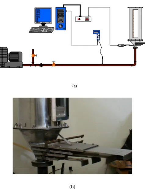 Figura 3.4 Esquema da unidade experimental (a) equipamentos e instrumentação da unidade  de leito de jorro; (b) leito de jorro com a inserção de guilhotinas na região cônica