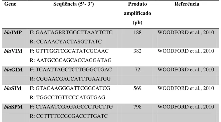 Tabela 2. Primers específicos para detecção dos genes codificadores de metalo-β- lactamases em  Pseudomonas aeruginosa 