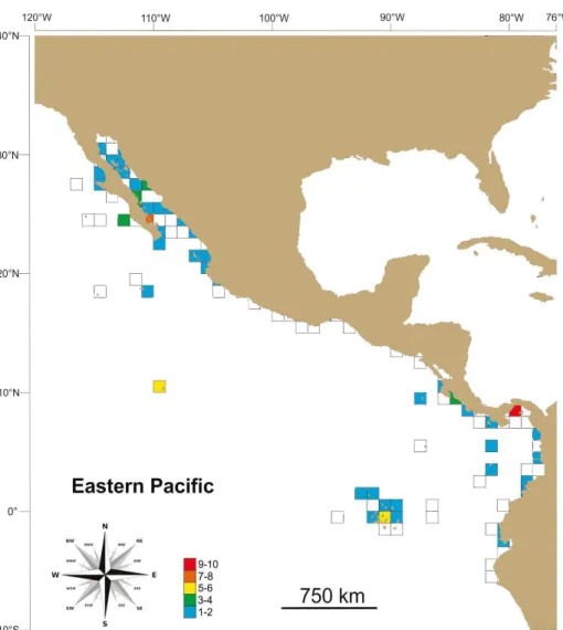 Figure 4.  Species richness of narrow-distributed (1-2 grids) marine benthic caridean shrimps per grid (1° latitude by 1° longitude)  in the Eastern Tropical Pacific