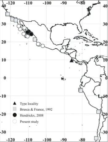 Figure 5.  Sampling localities in the eastern Pacific where Rocinela  murilloi Brusca and Iverson, 1985 has been collected.