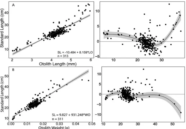 Fig. 3. Fits of the linear regressions between lapillus otolith and standard length of Prochilodus lineatus: a