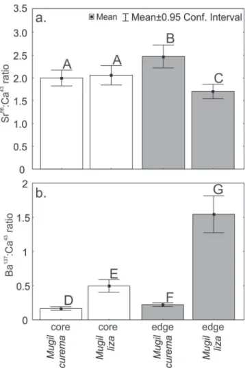 Fig. 2. Means and standard deviations (SD) of (a) Sr 86 :Ca 43 (mmol.mol -1 );  and  (b)  Ba 137 :Ca 43  ratio (µmol.mol -1 ) in  otoliths of the inner 20 measurements (core) and the outer  20 measurements (edge) of  Mugil curema and M