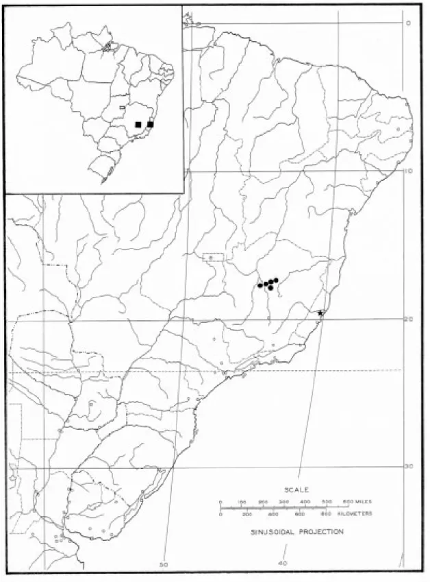 Figura 1: Distribuição geográfica de  Huberia espirito-santensis ( ★ ) e Huberia piranii ( ● ), em localidades dos estados do Espírito Santo e de Minas Gerais, respectivamente(■).