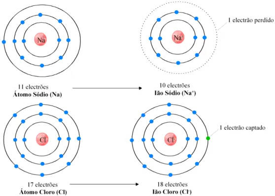 Figura II.5 – Configuração electrónica dos átomos sódio (Na) e cloro (Cl) e respectivos iões Na + e Cl - 