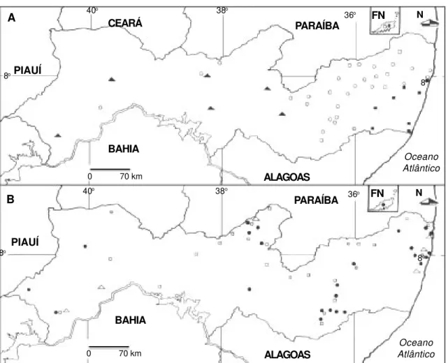Figura 59. Distribuição geográfica do gênero  Heliotropium ocorrente em Pernambuco, nordeste do Brasil:  A