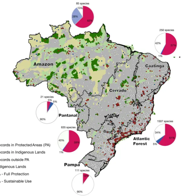 Figure 1 – Distribution of Brazilian threatened plant species’ records inside and outside protected areas (PAs)  regarded as full protection, sustainable use PAs, and indigenous lands (ILs)