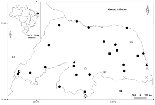 Figura 1 – Distribuição de Combretum no estado do Rio Grande do Norte, Brasil. ( ■  = Combretum duarteanum; 