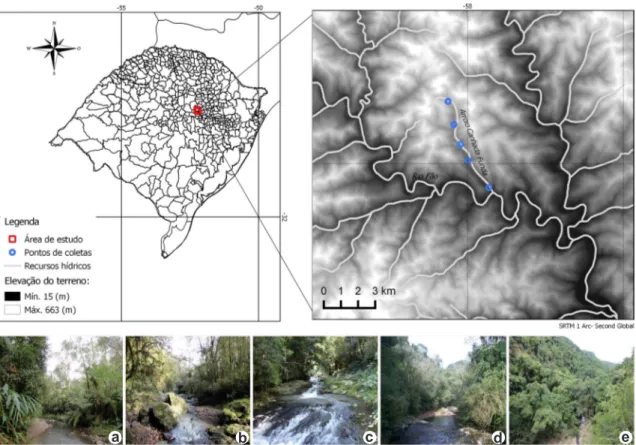 Figura 1 – a-e. Localização do Arroio Canhada Funda, Pouso Novo, Rio Grande do Sul, Brasil - detalhes dos  ambientes de coleta – a,b