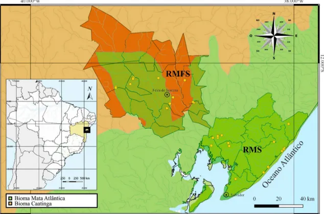 Figura 1 – Mapa das estações de coleta com ocorrência de Chara nas Regiões Metropolitanas de Feira de Santana  (RMFS) e de Salvador (RMS), Bahia, Brasil.