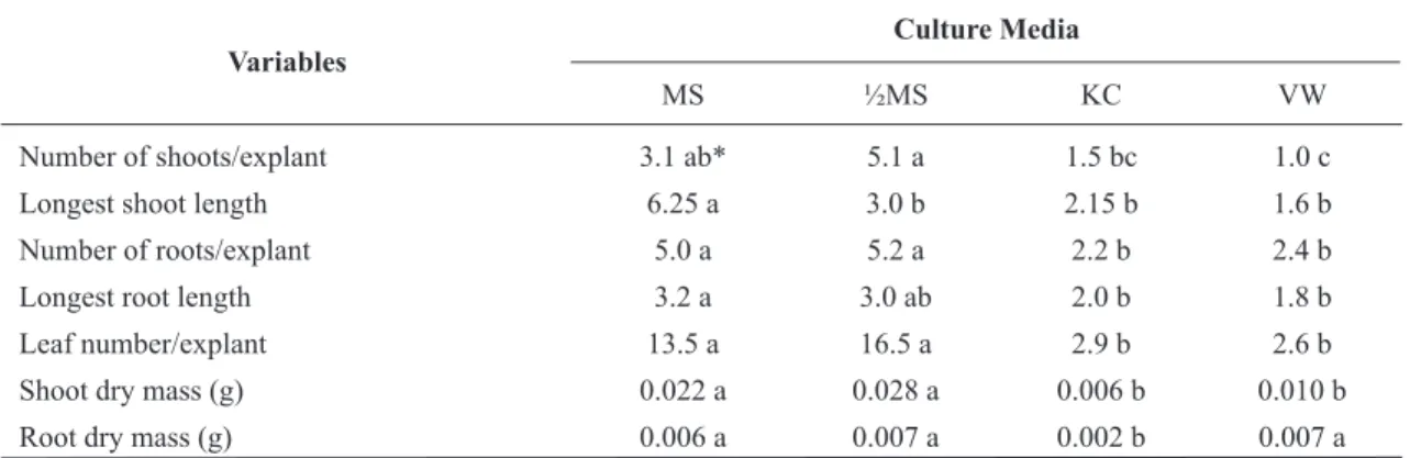 Table 1 – Effects of Murashige &amp; Skoog (MS and ½MS), Knudson C (KC), and Vacin &amp; Went (VW) media, on the  in vitro multiplication and initial growth of Catasetum macrocarpum.