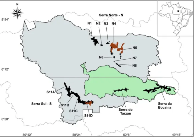 Figure 1 – Study area, indicating the canga plateaux sampled. In black, remaining canga areas; in red, suppressed  canga areas (representation based on satelite image taken in December 2016, available on Google Earth)