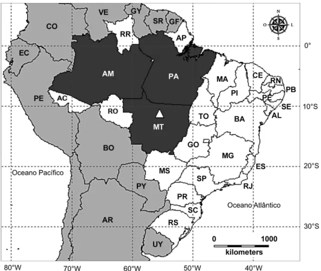 Figura 2 – Distribuição geográfica de Paphinia cristata no Brasil – cinza escuro indica os estados onde a espécie  ocorre; triangulo indica a nova ocorrência.