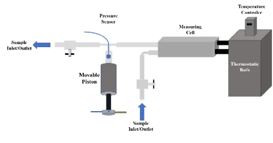 Figure 2.3 Schematic representation of the apparatus of the DMA-HPM measuring cell with the  movable piston