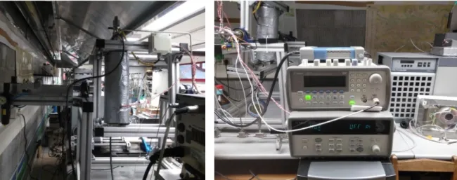 Figure  2.6  Measuring  cell  (left)  and  monitoring  setup  (rigth)  composed  by  an  Agilent  34970A  thermometer, Agilent 33220A wave generator and Agilent U2352A data acquisition