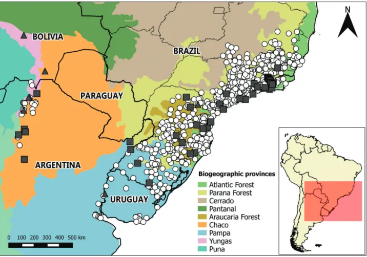 Figure 1. Distribution of Penelope obscura. Black squares: specimens analyzed personally; Black triangles: specimens analyzed by photo- photo-graphs; White circles: living individuals (photos).