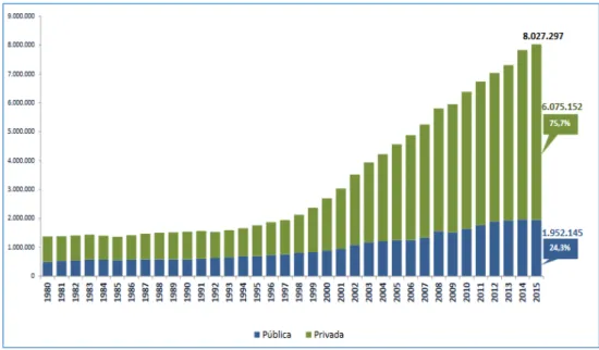 Gráfico 01 - Matrículas em cursos de graduação por categoria administrativa – Brasil 1980-2015 