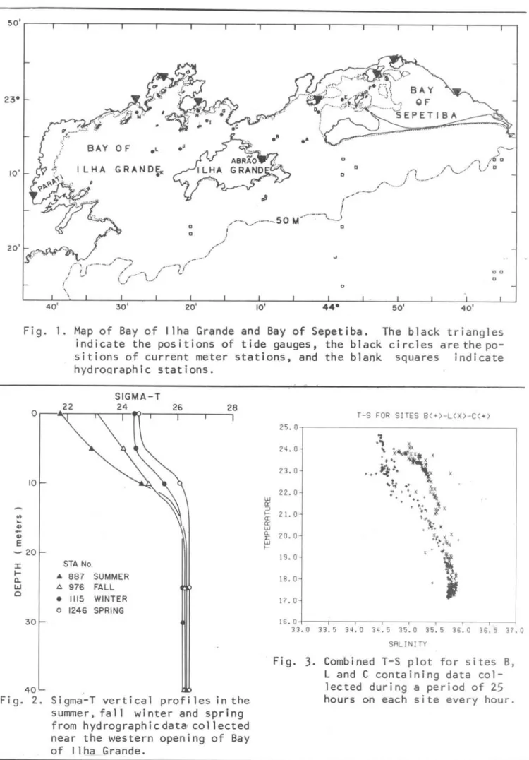 Fig.  2.  Sigma-T  vertical  profi 1es  in  the  summer,  fa 11  wi nter  and  spr i ng  from  hydrographicdata' co11ected  near  the  western  opening  of  Bay  of  11 ha  Grande