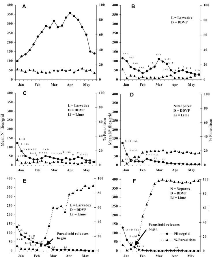 Figure 1. Adult fly density and percentage parasitism. Buenos Aires, 1994. A. Control treatment (1)