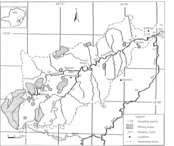 Fig. 1 — Map of the study area and sampling stations in the Rio Piracicaba basin.