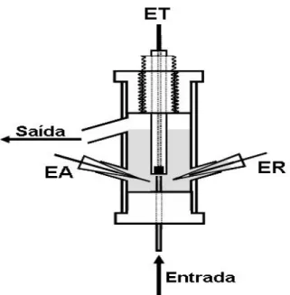 Figura  2:  Célula  eletroquímica  de  três  eletrodos  (tipo  “wall  jet”),  constituída  de  (EA)  eletrodo  auxiliar  platina,  (ER)  eletrodo  referência  de  Ag/AgCl  (KCl  3,0  mol  L -1 )  e  (ET)  eletrodo de trabalho
