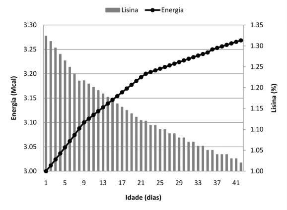 Gráfico 1- Níveis de energia metabolizável (Mcal) e lisina digestível (%) no programa nutricional diário  de acordo com os dias de idade do frango de corte