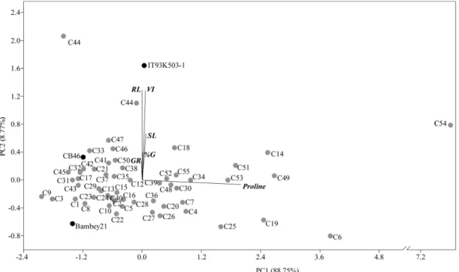 Fig. 2. Principal component analysis with all the cowpea genotypes data, obtained from stress 2 versus control