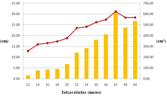 Gráfico 01  –  Desenvolvimento testicular de circunferência escrotal (cm) e volume testicular  (cm³) de 19 machos mestiços (Murrah x Mediterrâneo) de acordo com a faixa etária