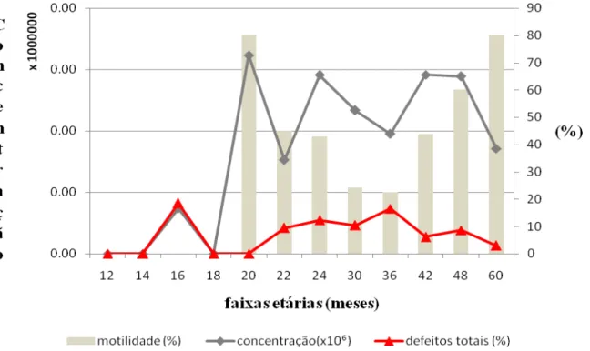 Gráfico  02  –  Comparativo  entre  as  médias  de  concentração,  motilidade  e  defeitos  totais  espermáticos de 19 machos mestiços (Murrah x Mediterrâneo) de acordo com a faixa etária,  no período de maio a novembro 2010.