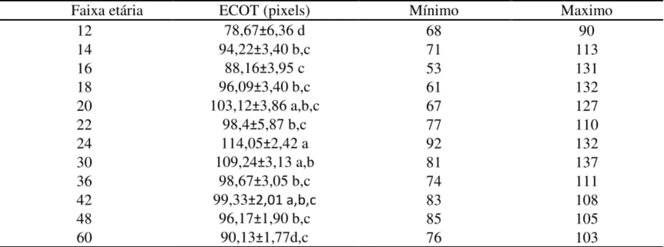 Tabela 3  –  Intensidade Ecográfica testicular em pixels (média e desvio padrão,valores  mínimos  e  máximos)  (n=19)  de  machos  mestiços  (Murrah  x  Mediterrâneo)  de  acordo  com a faixa etária, no período de 6 meses na Amazônia Oriental