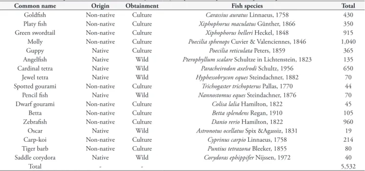 Table 1. Ornamental fish species commercialized monthly in 6 major aquarium shops from Macapá, Amapá State, Brazil.