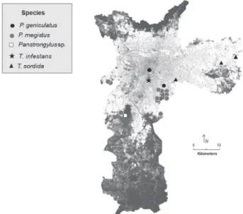 Figure 1 - Occurrences of triatomines in the city of Sao Paulo  from 1982 to 2017 recorded by Labfauna and LESP