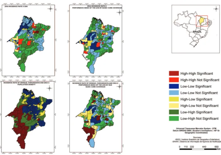Figure 4 - Lisa Cluster Map of the spatial correlations between the zika virus infections incidence rate, Gini Index and Performance  Index of Unified Health System by basic care coverage between incidence rates of dengue, chikungunya, and zika and the pop
