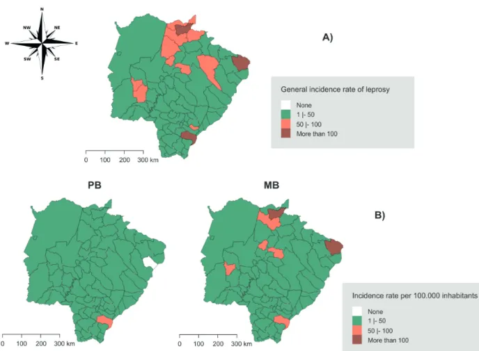 Figure 2 -  Spatial distribution of the incidence rate of leprosy in Mato Grosso do Sul State, Brazil, between 2001 and 2015