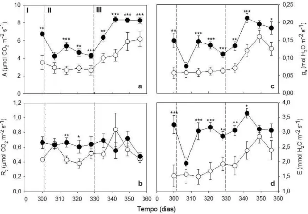 Figura 1 – Mudanças nas trocas gasosas de Aniba canelilla ( ○ ) e A. rosaeodora ( ● ) promovidas pela variação  na disponibilidade de luz (n = 10)