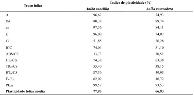 Tabela 3 – Plasticidade foliar de plantas jovens de Aniba canelilla e A. rosaeodora submetidas à condições  contrastantes de irradiância