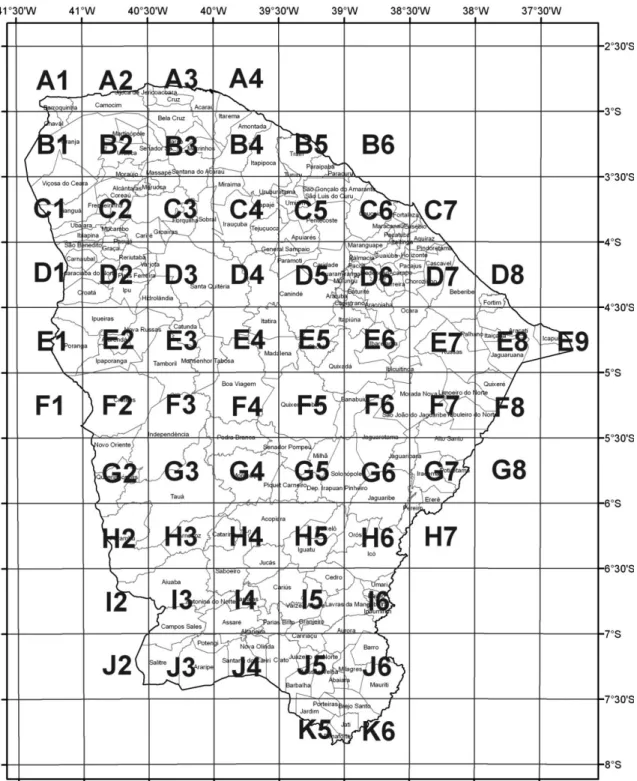 Figura 1 – Divisão política do estado do Ceará com grade de coordenadas de meio grau (A1–K6) (Menezes et al