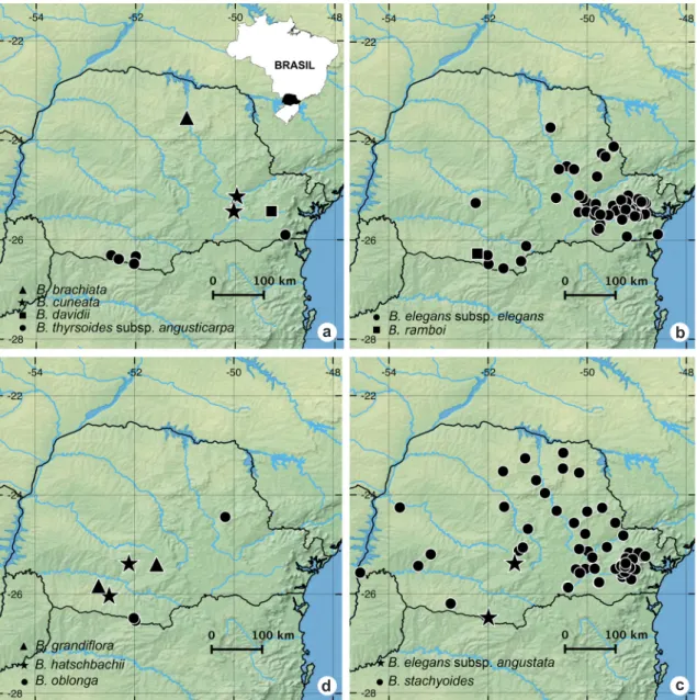 Figura 2 – a-d. Mapas de distribuição das espécies de Buddleja  no estado do Paraná – a