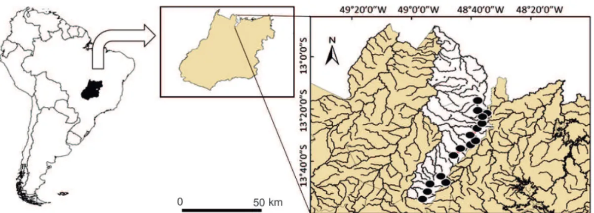 Figure 1. Map of South America highlighting the Goiás State (Brazil) and the sampling sites located in the Santa Tereza sub-basin, Upper  Tocantins River basin.