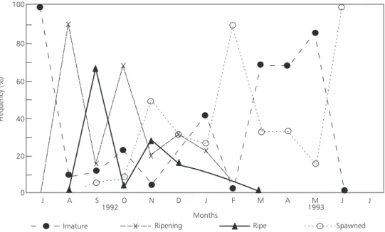 Fig. 11 — Monthly mean values of sexual maturity stages of C. macropomum.